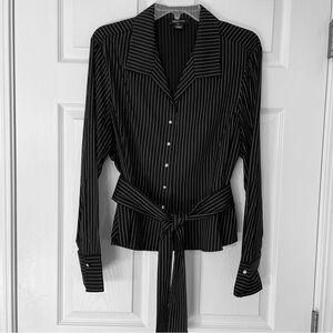 🖤 Jones New York Black & White Pinstripe Button-Down Blouse | Crystal Buttons